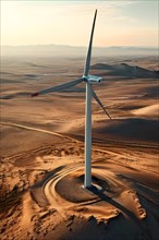 Wind turbine standing idle in a still lifeless desert representing the challenges of transition, AI