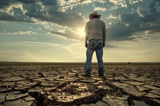 A farmer stands on a parched, cracked earth surface, symbolising water shortage, drought, extreme
