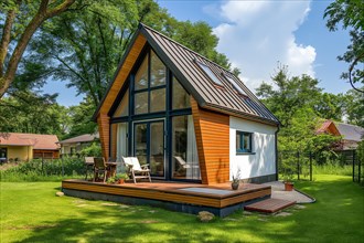 Modern Central European style tiny house built with natural materials located in a forest like