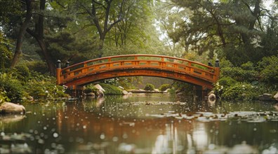 An arched bridge reflects on a still pond surrounded by lush trees in a serene setting, ai