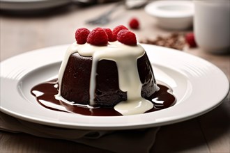 Chocolate pudding with vanilla sauce on plate. KI generiert, generiert, AI generated