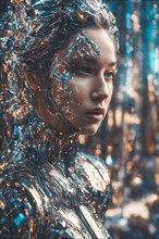 Side profile of a woman with her body and face covered in a textured metallic paint, exuding an