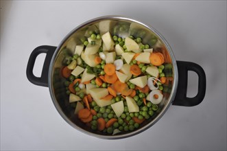 A top view of a cooking pot filled with chopped vegetables such as peas, carrots, and potatoes