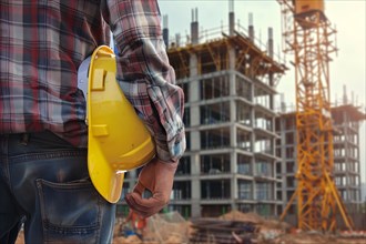 Close up of construction worker holding yellow safety helmet with construction site with building