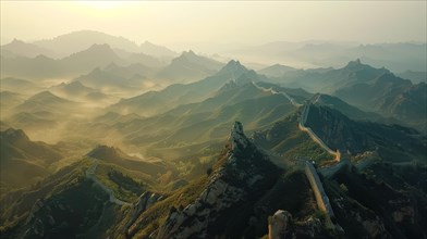 Sunset casting a golden glow over the Great Wall of China and the surrounding mountain landscape,