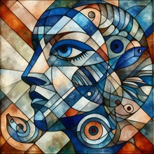 Cubist-inspired abstract painting with a woman's face in water enviroment with fishes in geometric