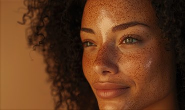 A woman's face is illuminated by the golden hour light, highlighting her freckles and serene look
