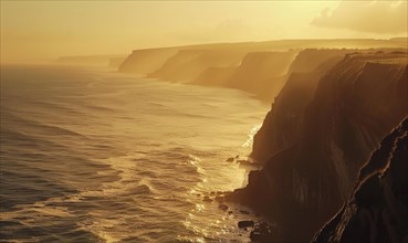 Sunset casts dramatic light over expansive oceanside cliffs AI generated