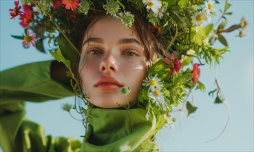 Close-up of a woman surrounded by greenery, with flowers in her hair, conveying serenity AI