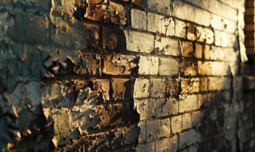 Golden sunlight highlights the peeling paint and textured surface of an old brick wall AI generated