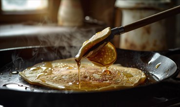 Pouring syrup on pancakes in a cast iron pan with steam rising in a home kitchen AI generated