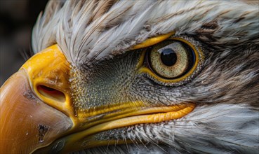 Detailed image of a bald eagle showing its yellow beak and intense eye AI generated