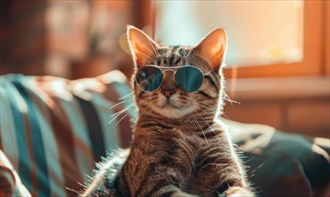 Confident cat lounging in sunlight with reflective sunglasses and a cozy backdrop AI generated