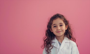 Smiling child against a plain pink background appears happy AI generated