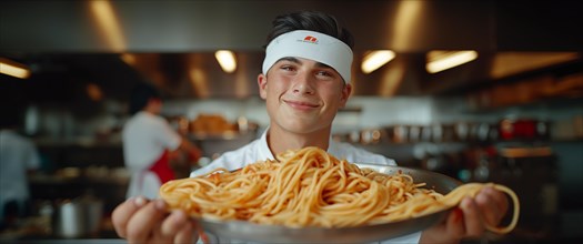 A content young chef holding a large bowl of spaghetti in a professional kitchen, AI generated