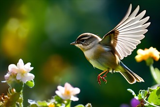 Chiffchaff bird dynamic takeoff from a blooming garden expressing summer wildlife, AI generated
