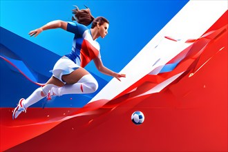 Abstract digital render of a female olympic soccer player morphing into fluid shapes of french
