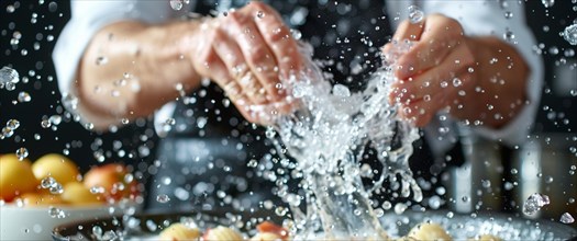 Chef's hands in motion, splashing water while preparing fresh pasta, emphasizing the cooking