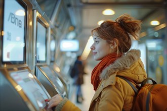 A woman interacts with a ticket machine at a warmly lit subway station, AI generated