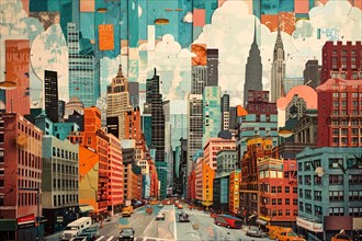 Colorful collage of an abstract cityscape with stylized buildings and skyscrapers, illustration, AI