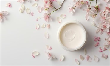 Creme jar blank mockup surrounded by delicate flower petals AI generated
