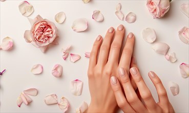 Woman's hands on white background with flower petals around AI generated
