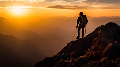 Silhouette of a climber standing atop a mountain peak bathed in the warm vibrant hues of a sunset,