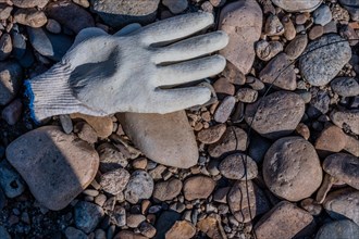 A lone discarded white glove lies on a bed of small rocks, in South Korea