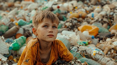 A blue eyed caucasian child sits amid a sprawling landscape of waste and pollution, poverty and