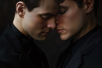 Close up of two grooms in tuxedos. Gay marriage concept. KI generiert, generiert, AI generated