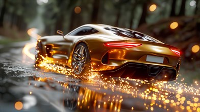 A golden exotic expensive stunning car speeding on a wet forest road into a forest as the golden