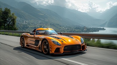 Orange sports car speeding on a mountain road beside Lake Garda in Italy, AI generated