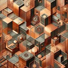 Intricate geometric abstract resembling a 3D architectural pattern in copper tones, AI generated