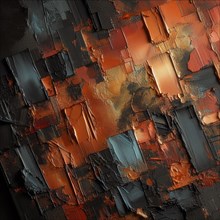 Abstract art with glossy orange and black textures resembling metallic squares, AI generated