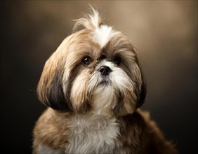 Dog, Shih-Tzu, portrait, head only, puppies, dark background, AI generated, AI generated