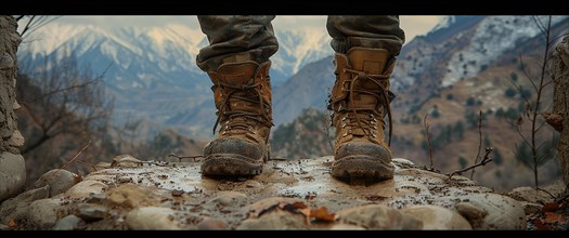 Pair of dirty boots on mountain trail overlooking snowy peaks at dusk, AI generated