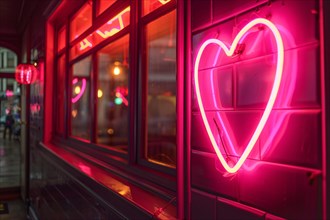 Pink heart shaped neon sign on wall. Generative AI, AI generated
