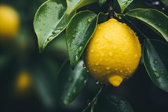 Single lemon fruit with water rain drops growing on tree. KI generiert, generiert, AI generated