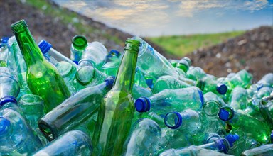 Used glass in a pile, only empty bottles, in a recycling plant, AI generated, AI generated