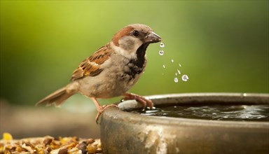 Animals, bird, sparrow, house sparrow, Passer domesticus, at a watering hole, drinking, AI