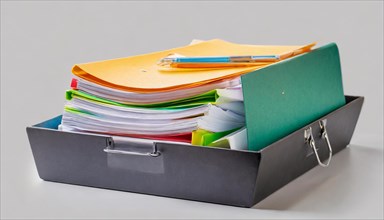File folders and documents organised in an open metal box, bureaucracy symbol, AI generated, AI