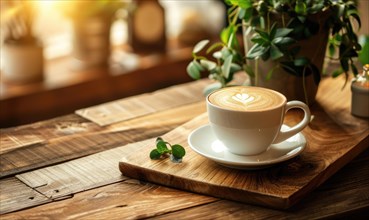 A cozy setting with a coffee cup on a wooden surface, morning light casting a warm glow AI