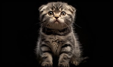 Fluffy kitten with big eyes gazing curiously against a black background AI generated