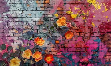 Orange flowers stand out against a colorful, graffiti-painted brick wall AI generated