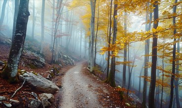 A woodland track curves through misty scenery, accentuated with soft light and fall colors AI
