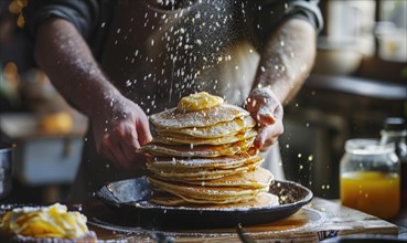 Chef sprinkling powdered sugar on a tall stack of pancakes, a dynamic cooking moment AI generated