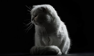 Silhouette of an elegant cat against a stark black background AI generated