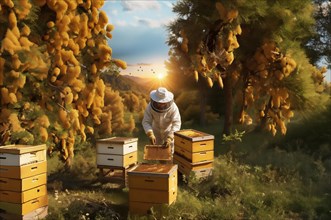 Beekeeper with honeycombs in hands in nature bee apiary, AI generated