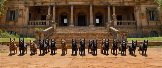 Row of dogs lined up symmetrically on the stairs of a historic abbandoned building, AI generated