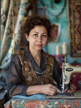 Woman working on a sewing machine surrounded by vibrant textiles, AI generated